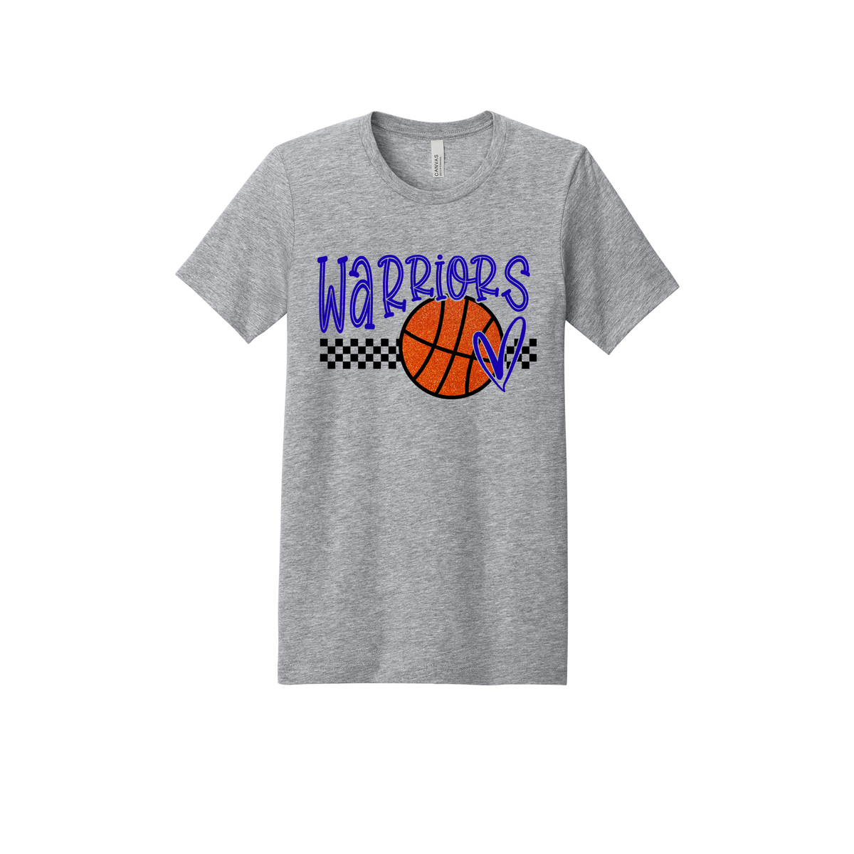Warriors Glitter design shown on Heather Athletic Gray adult Bella+Canvas 3001 T-shirt.
