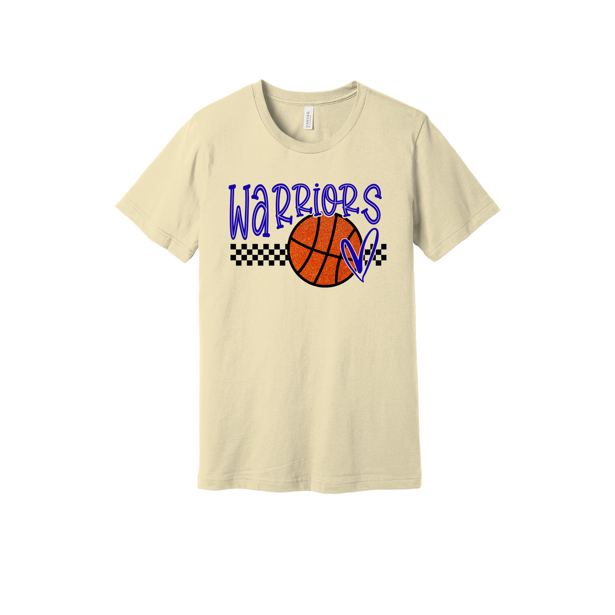 Warriors Glitter design shown on Natural adult Bella+Canvas 3001 T-shirt.