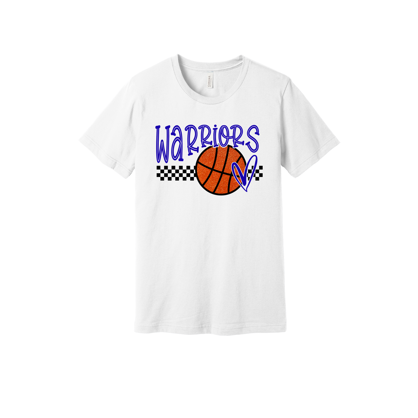 Warriors Glitter design shown on White adult Bella+Canvas 3001 T-shirt.