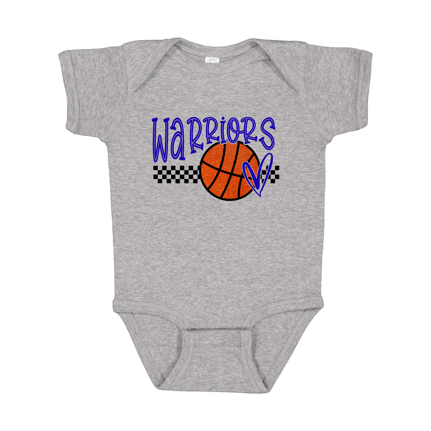 Warriors Glitter design shown on Heather infant bodysuit.