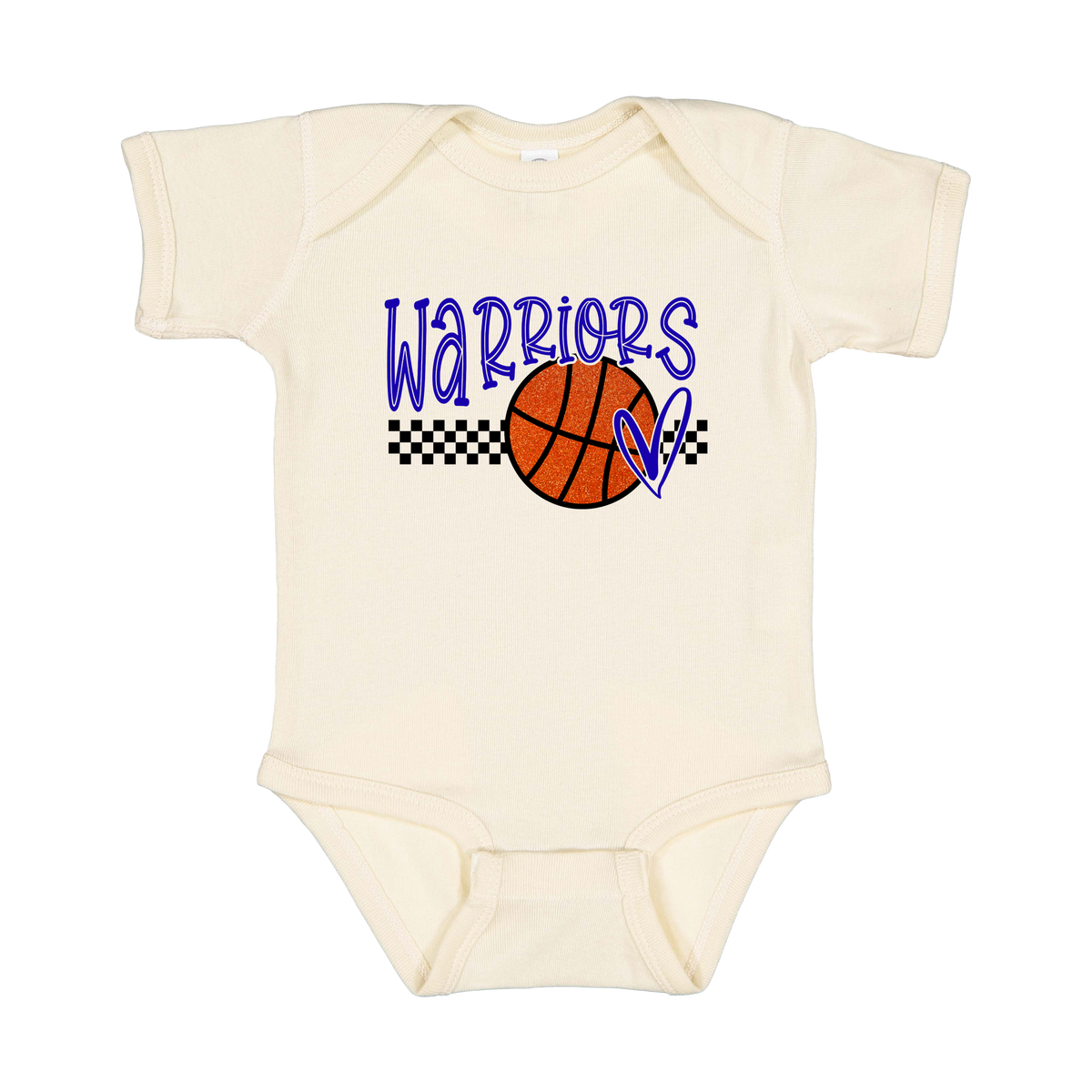 Warriors Glitter design shown on Natural infant bodysuit.
