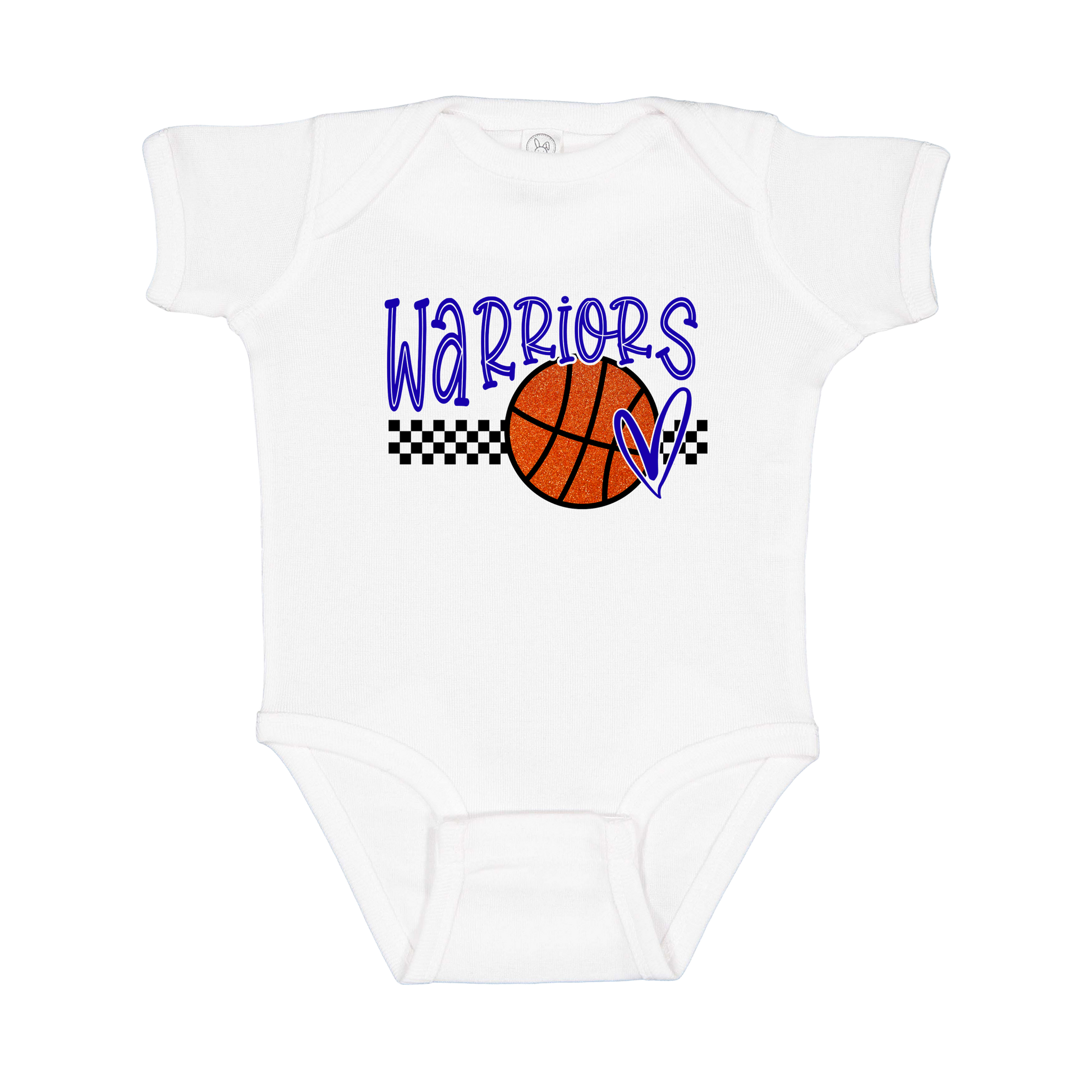 Warriors Glitter design shown on White infant bodysuit.