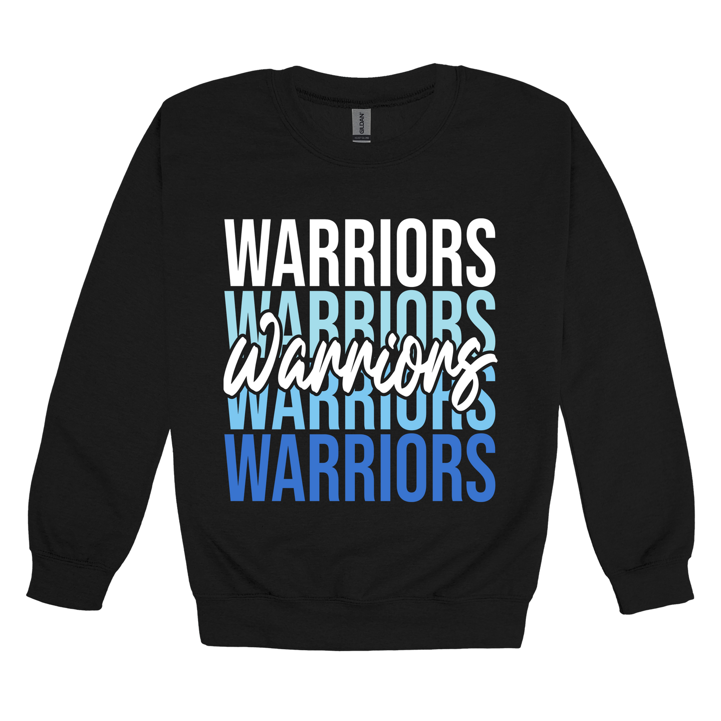 Warriors Stacked design shown on Black adult Gildan crewneck sweatshirt.