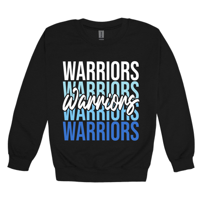 Warriors Stacked design shown on Black adult Gildan crewneck sweatshirt.