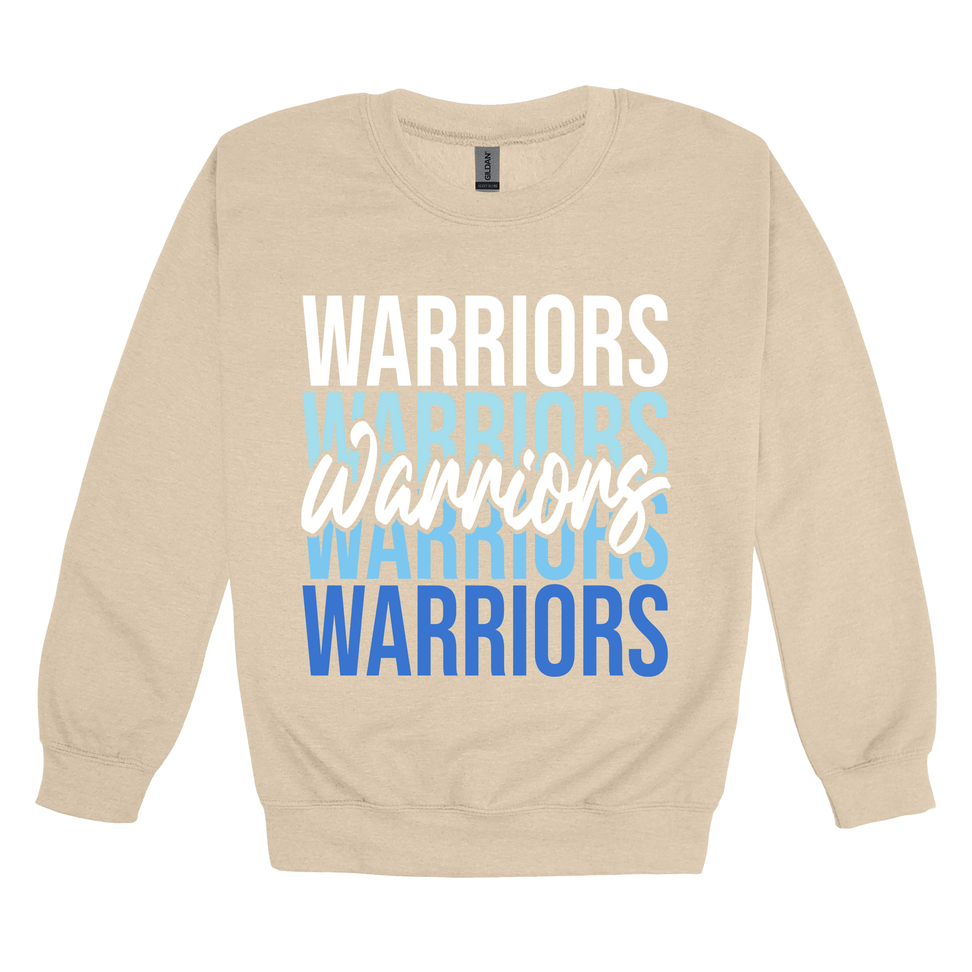 Warriors Stacked design shown on Sand adult Gildan crewneck sweatshirt.