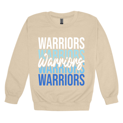 Warriors Stacked design shown on Sand adult Gildan crewneck sweatshirt.