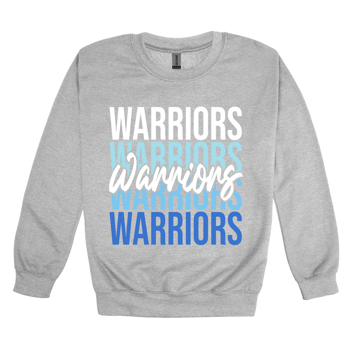 Warriors Stacked design shown on Sport Gray adult Gildan crewneck sweatshirt.