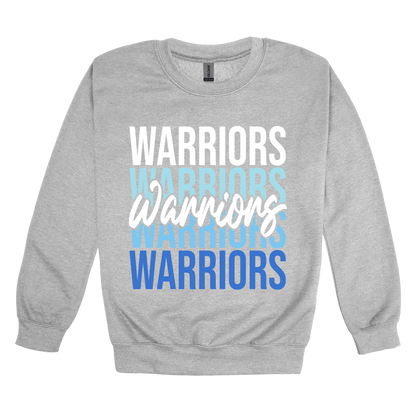 Warriors Stacked design shown on Sport Gray adult Gildan crewneck sweatshirt.