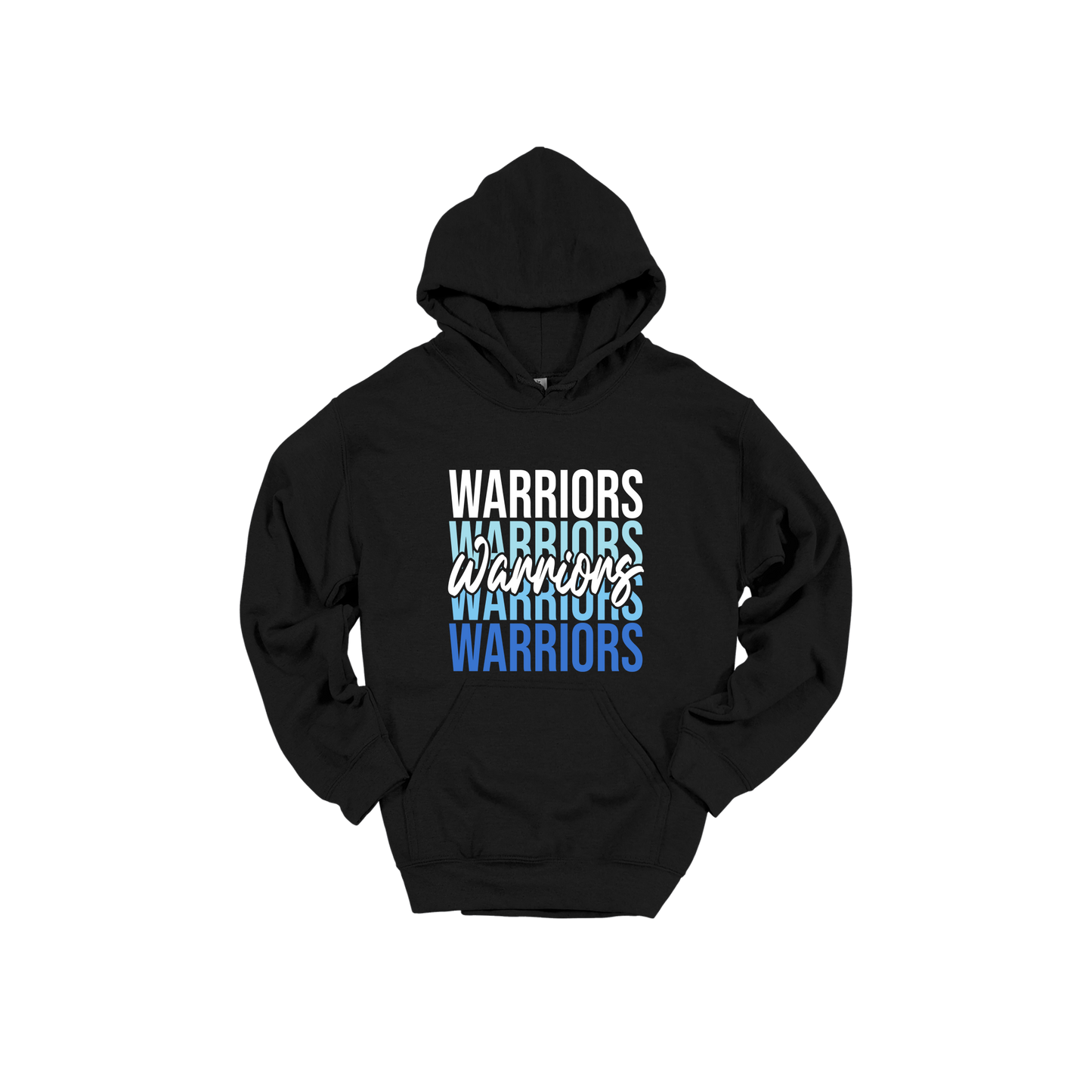 Warriors Stacked design shown on Black adult Gildan hoodie.