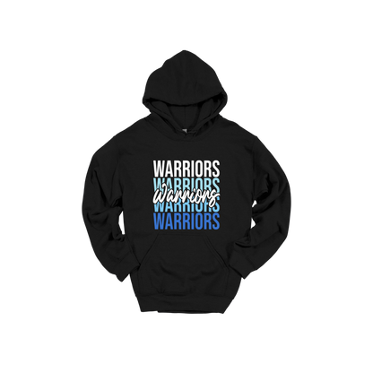 Warriors Stacked design shown on Black adult Gildan hoodie.