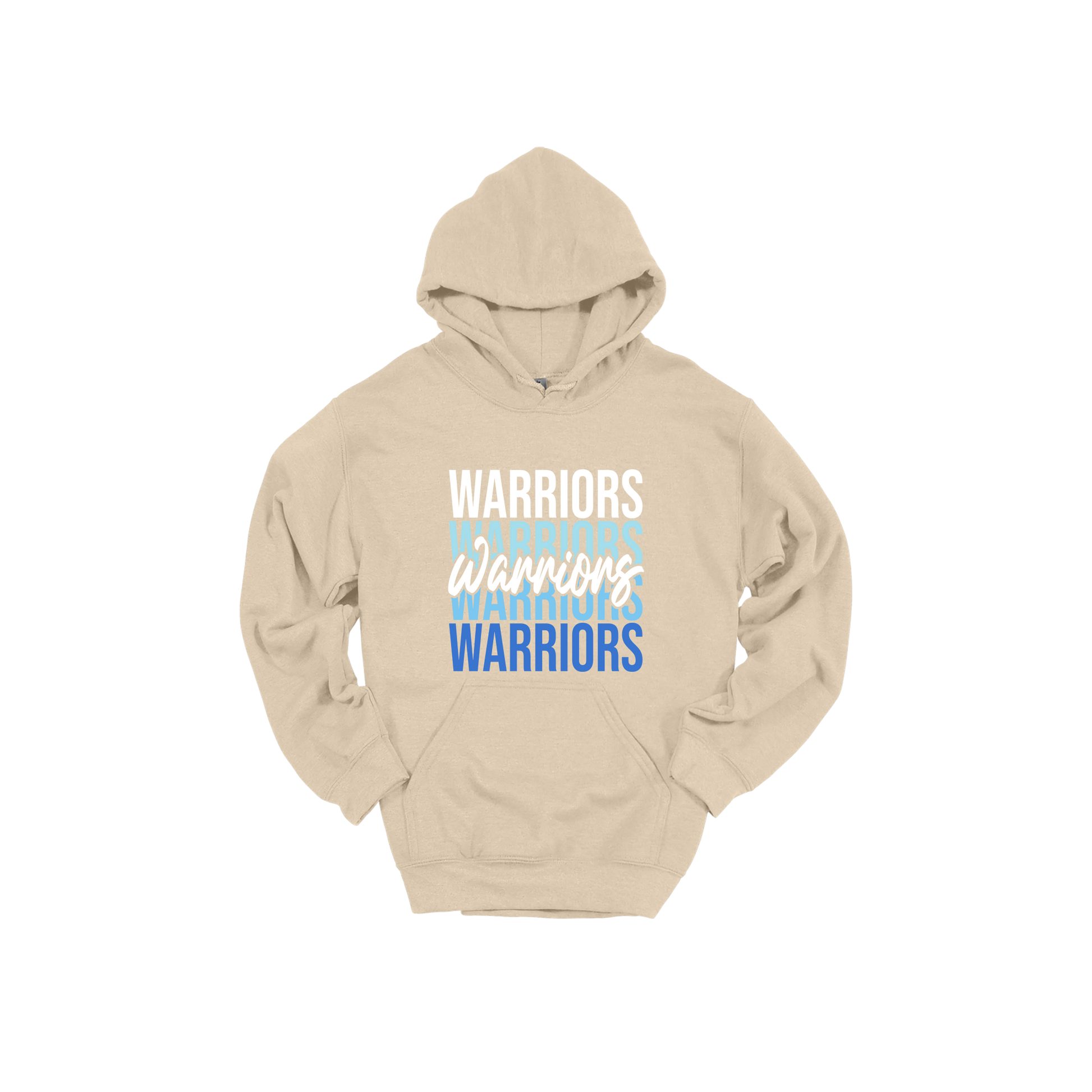 Warriors Stacked design shown on Sand adult Gildan hoodie.