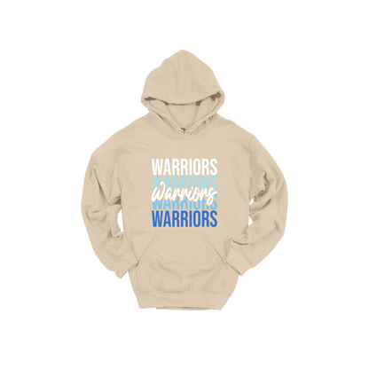 Warriors Stacked design shown on Sand adult Gildan hoodie.