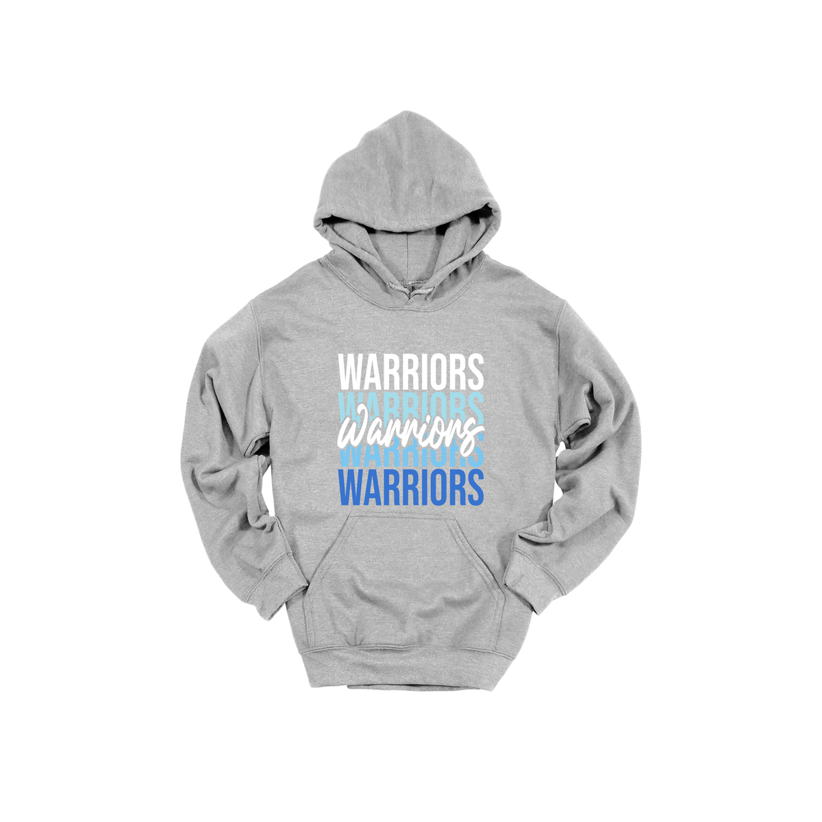 Warriors Stacked design shown on Sport Gray adult Gildan hoodie.
