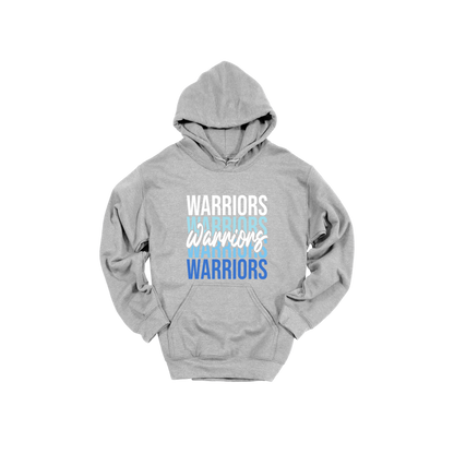 Warriors Stacked design shown on Sport Gray adult Gildan hoodie.