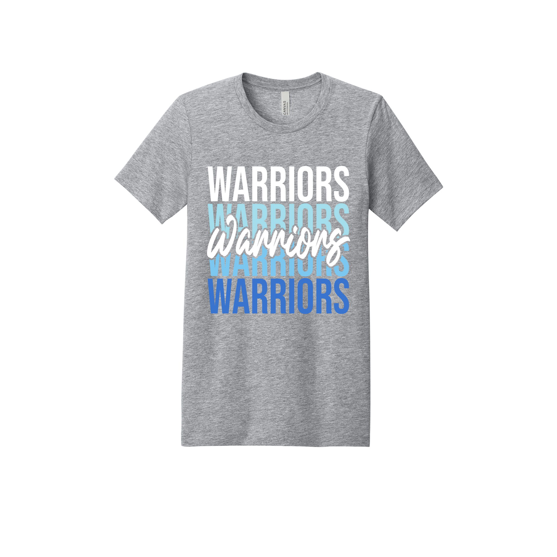 Warriors Stacked design shown on Heather Athletic Gray adult Bella+Canvas 3001 T-shirt.