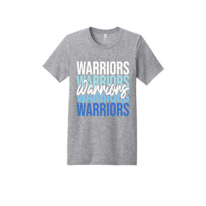 Warriors Stacked design shown on Heather Athletic Gray adult Bella+Canvas 3001 T-shirt.