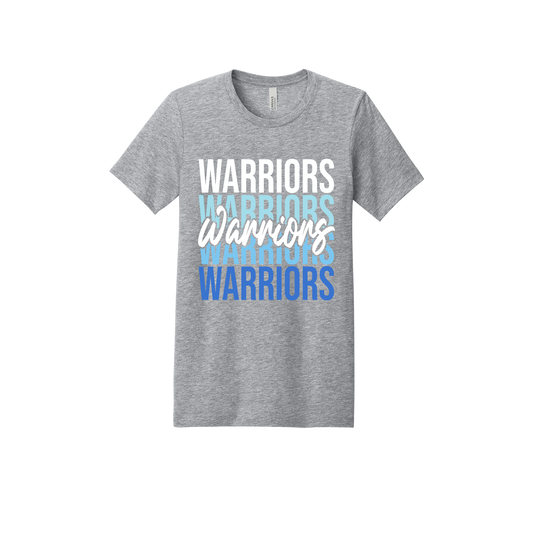 Warriors Stacked design shown on Heather Athletic Gray adult Bella+Canvas 3001 T-shirt.