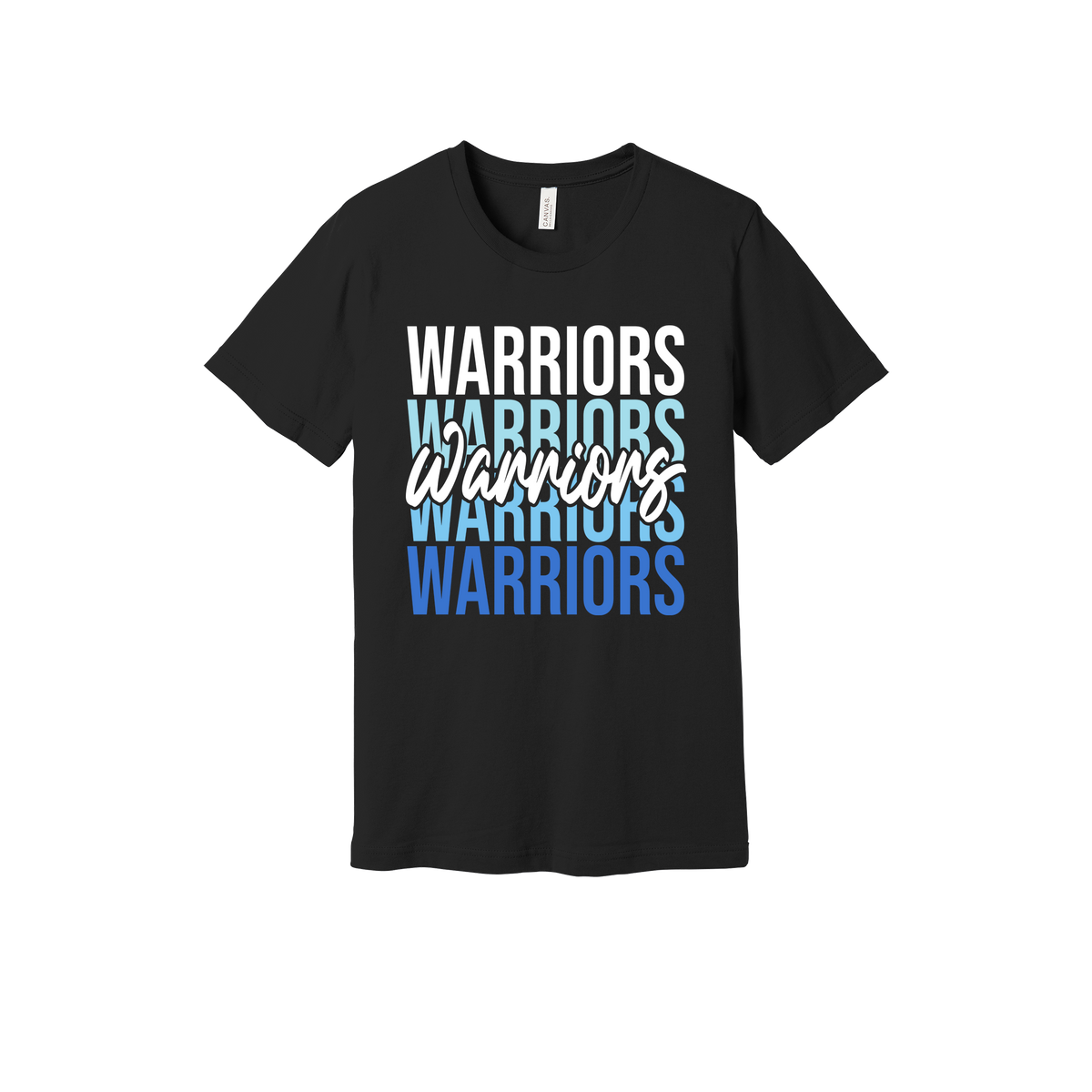 Warriors Stacked design shown on Black adult Bella+Canvas 3001 T-shirt.