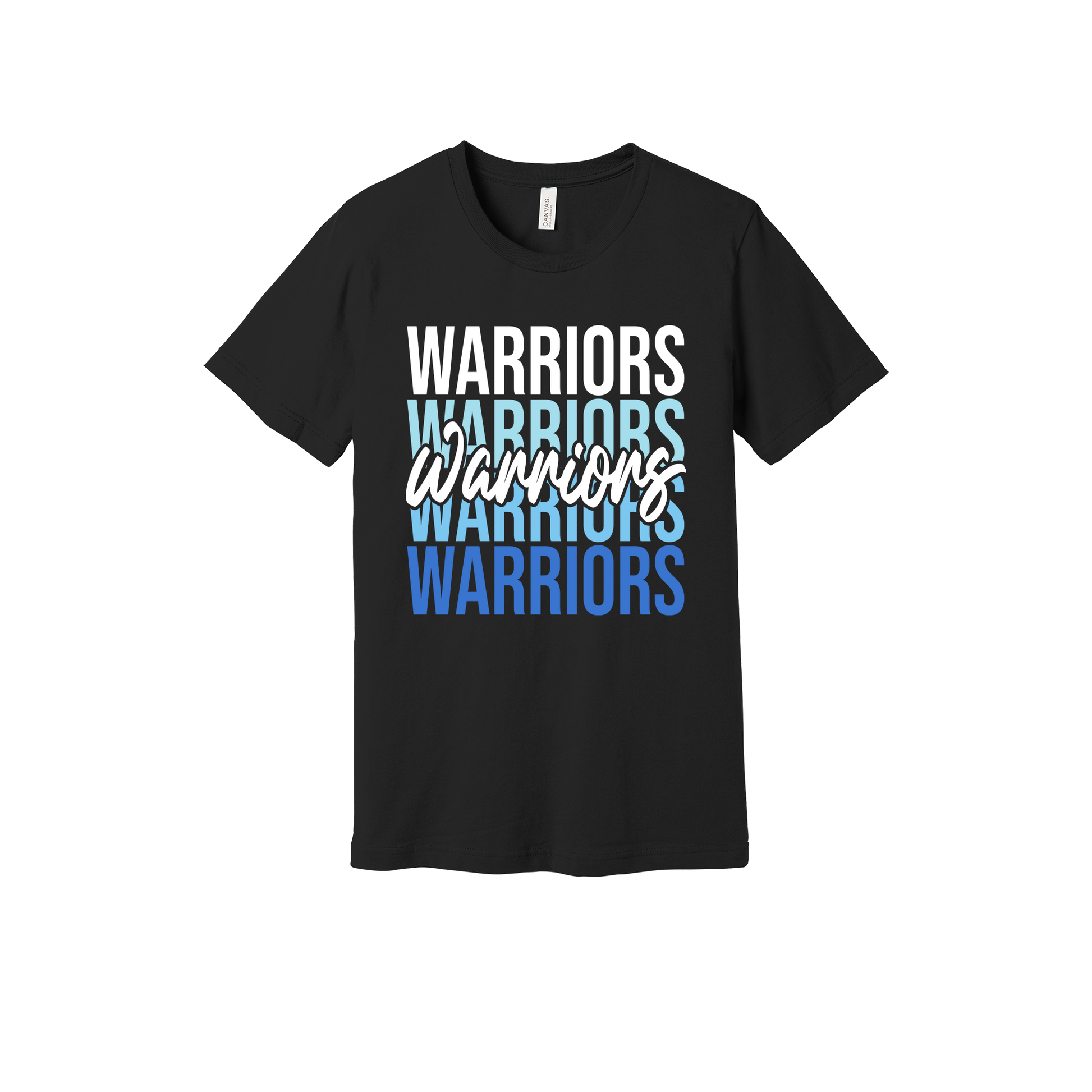Warriors Stacked design shown on Black adult Bella+Canvas 3001 T-shirt.