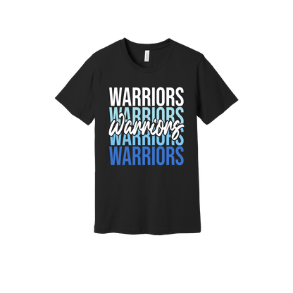 Warriors Stacked design shown on Black adult Bella+Canvas 3001 T-shirt.