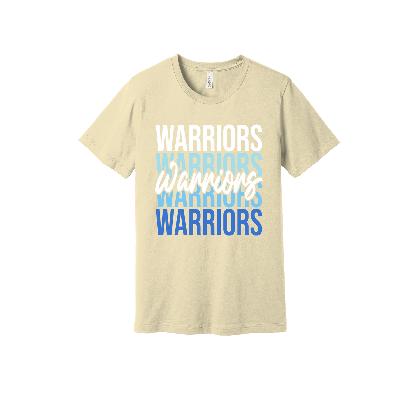 Warriors Stacked design shown on Natural adult Bella+Canvas 3001 T-shirt.