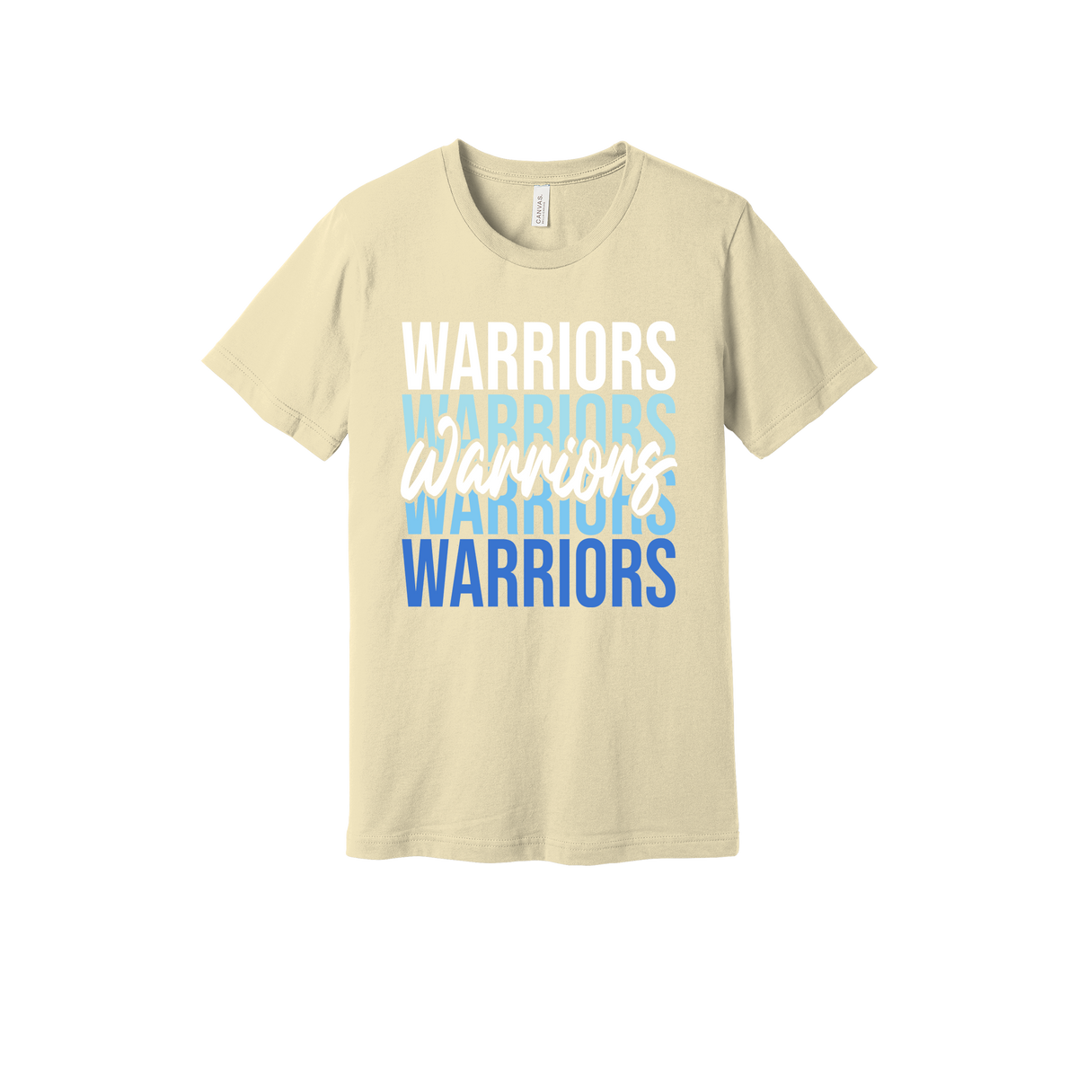 Warriors Stacked design shown on Natural adult Bella+Canvas 3001 T-shirt.