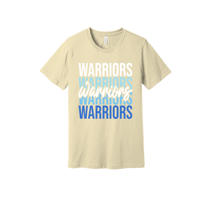 Warriors Stacked design shown on Natural adult Bella+Canvas 3001 T-shirt.