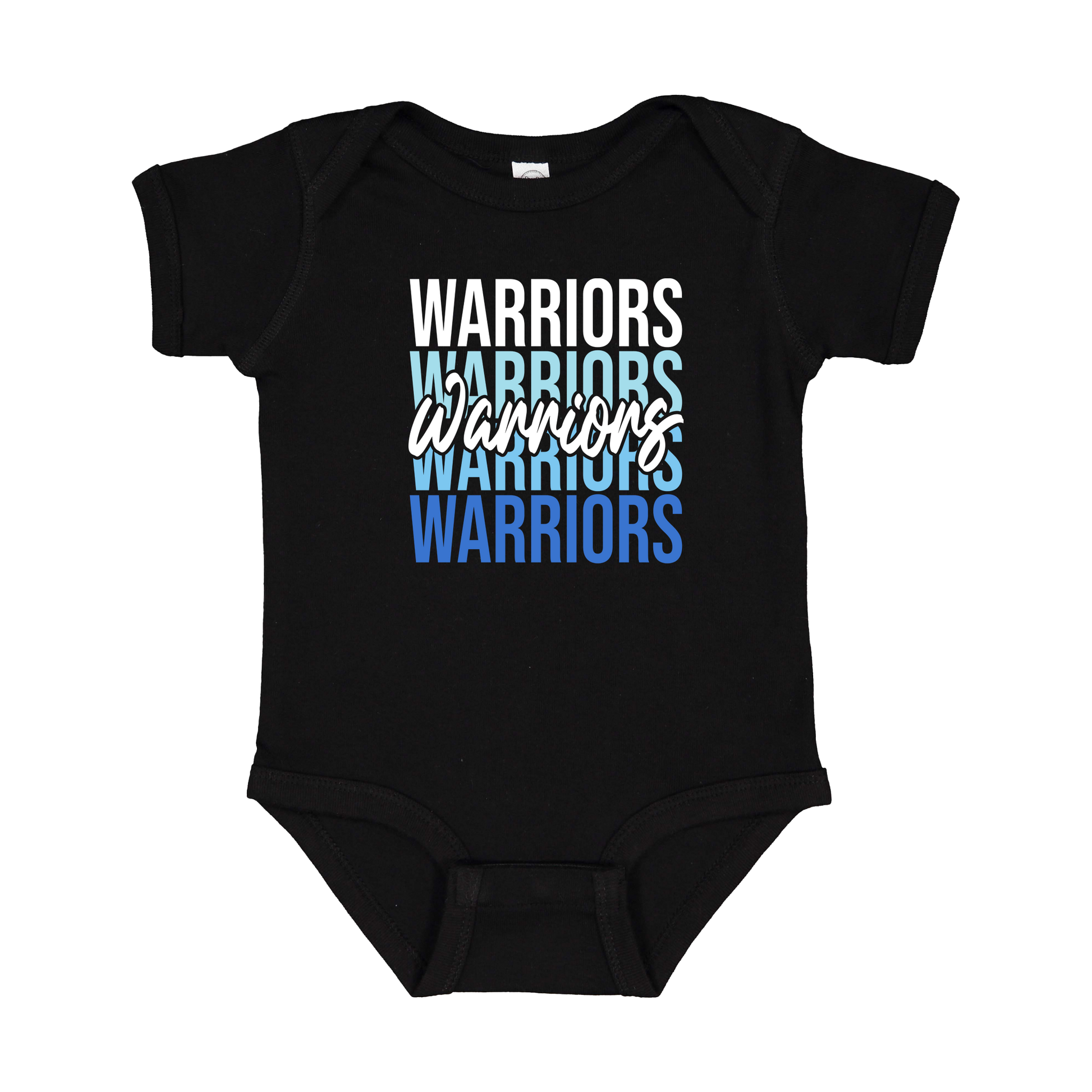 Warriors Stacked design shown on Black infant bodysuit.