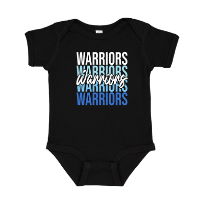Warriors Stacked design shown on Black infant bodysuit.
