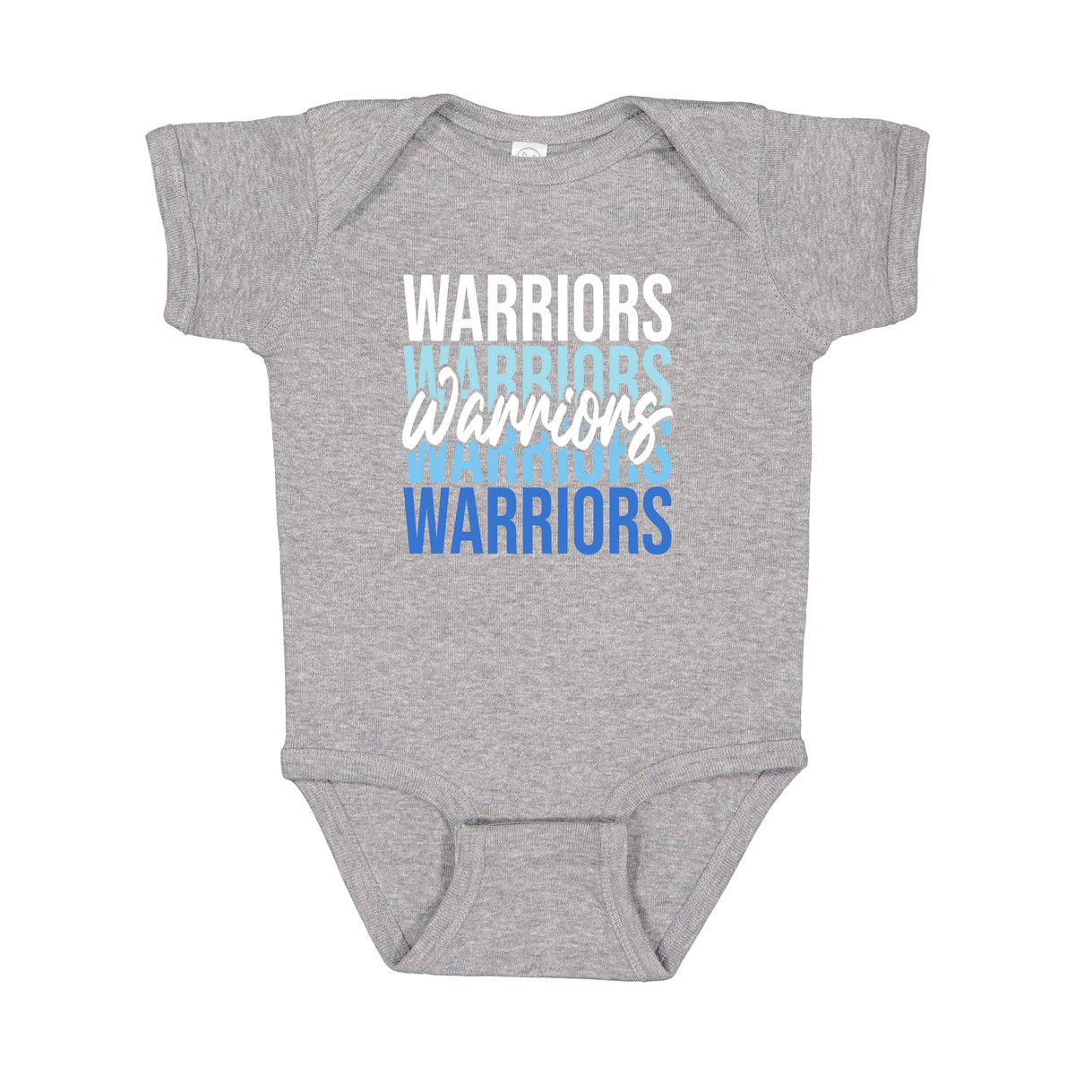 Warriors Stacked design shown on Heather infant bodysuit.