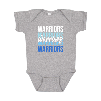 Warriors Stacked design shown on Heather infant bodysuit.