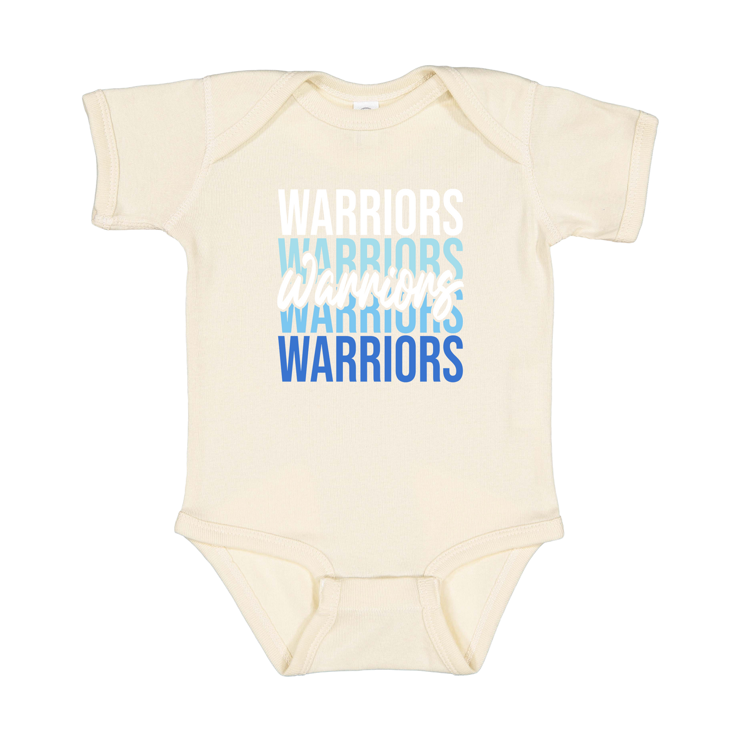Warriors Stacked design shown on Natural infant bodysuit.