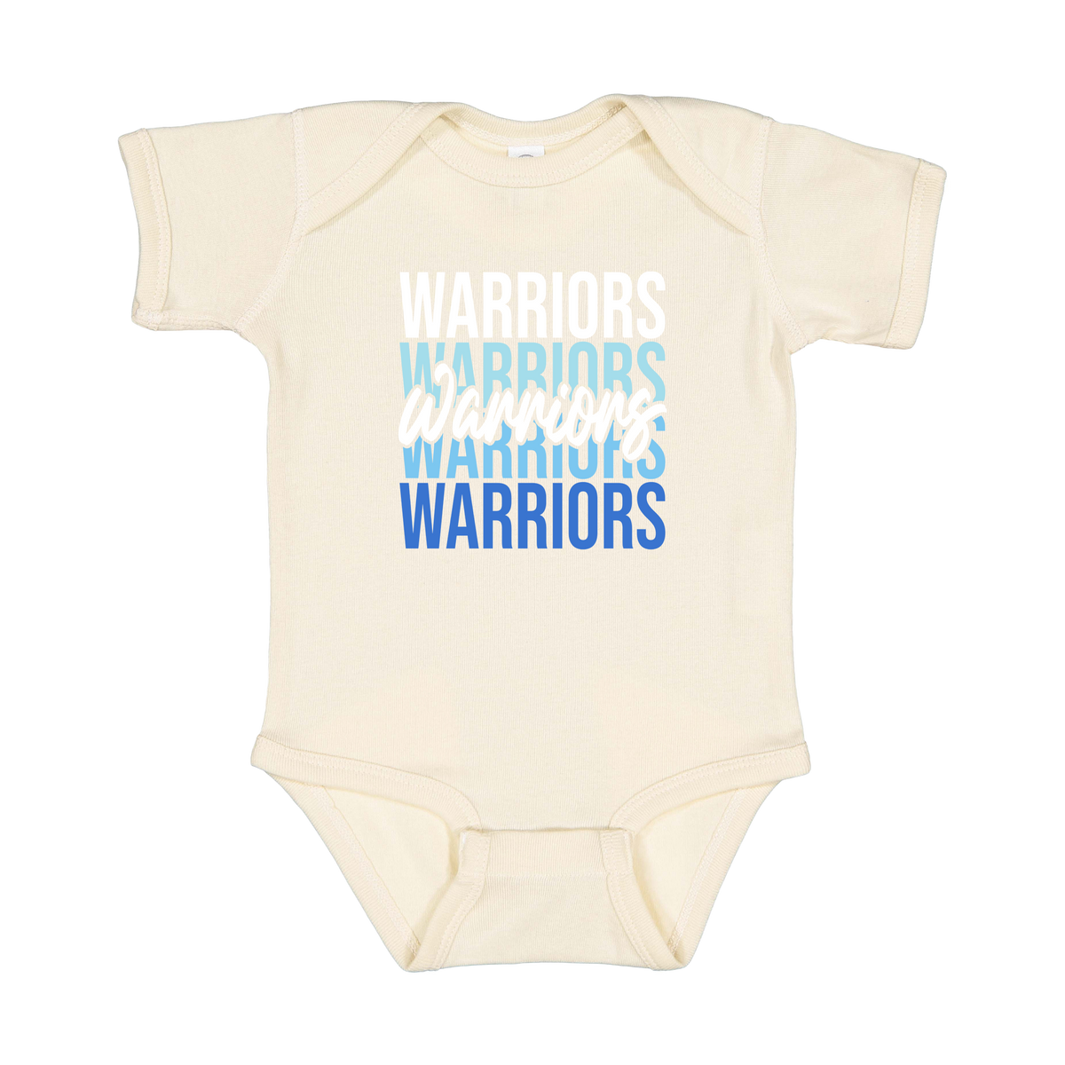 Warriors Stacked design shown on Natural infant bodysuit.