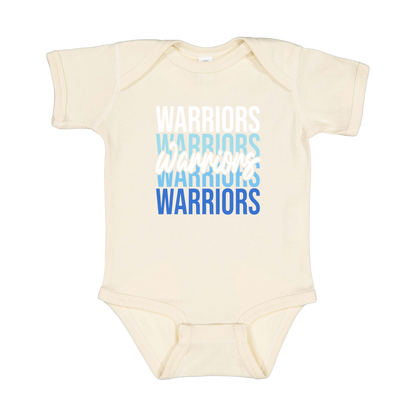 Warriors Stacked design shown on Natural infant bodysuit.