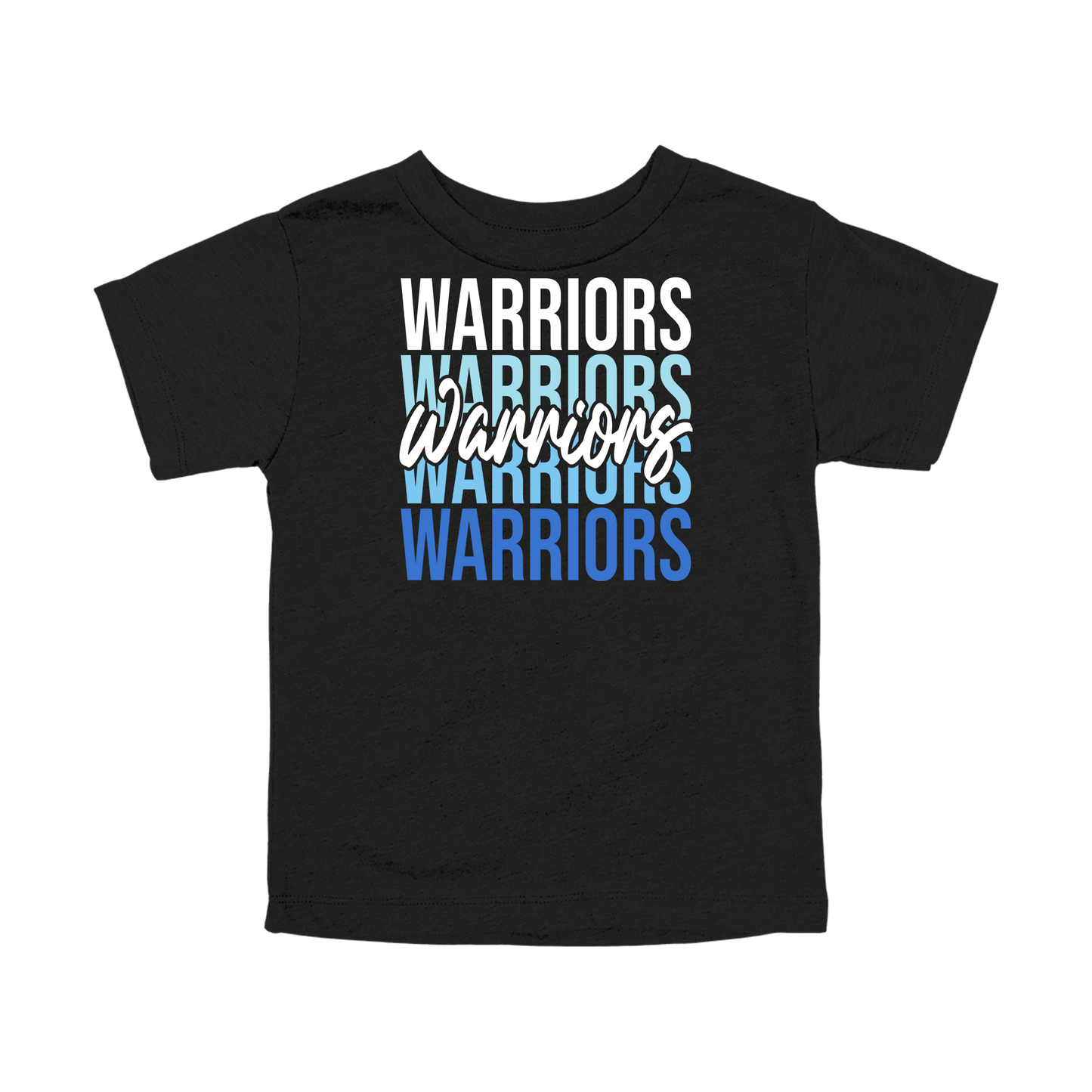 Warriors Stacked design shown on Black toddler Bella+Canvas T-shirt.