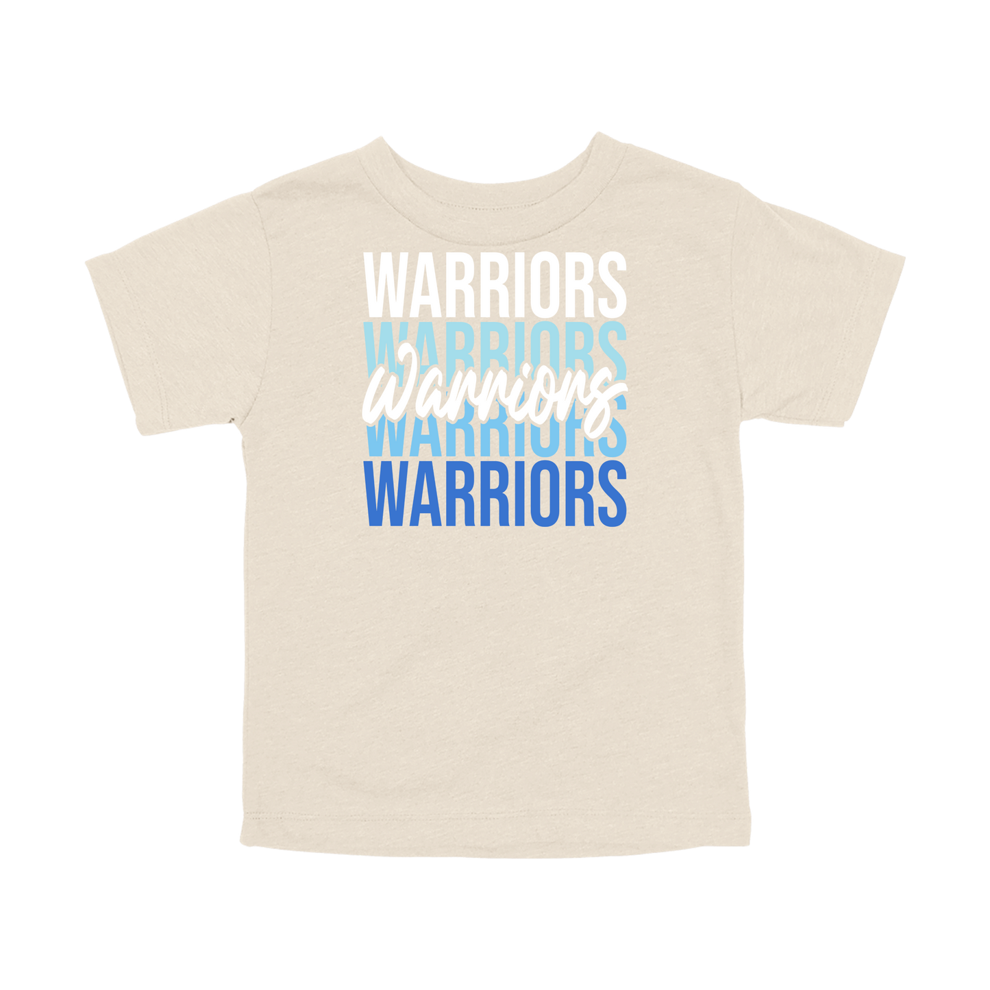 Warriors Stacked design shown on Natural toddler Bella+Canvas T-shirt.