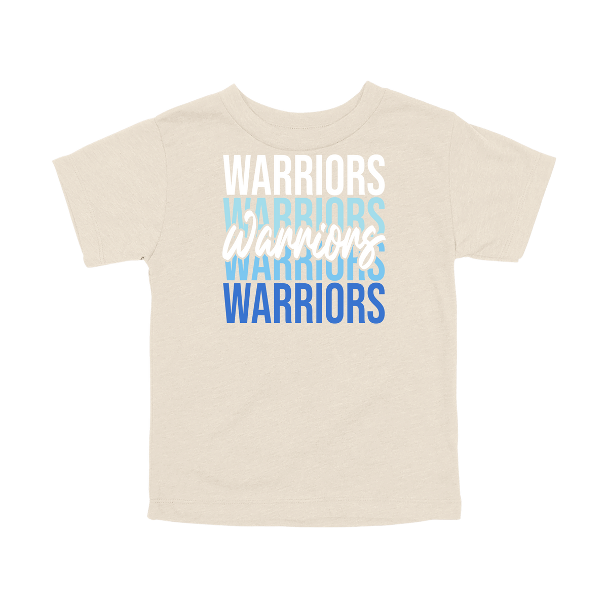 Warriors Stacked design shown on Natural toddler Bella+Canvas T-shirt.