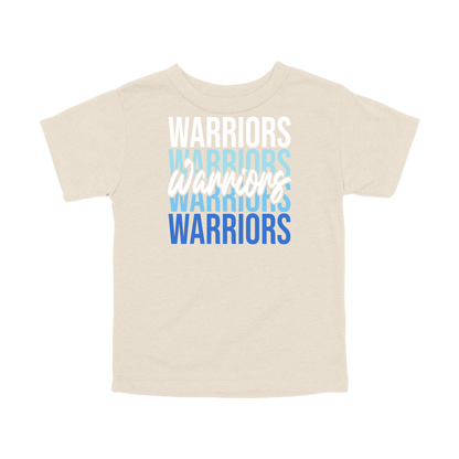 Warriors Stacked design shown on Natural toddler Bella+Canvas T-shirt.