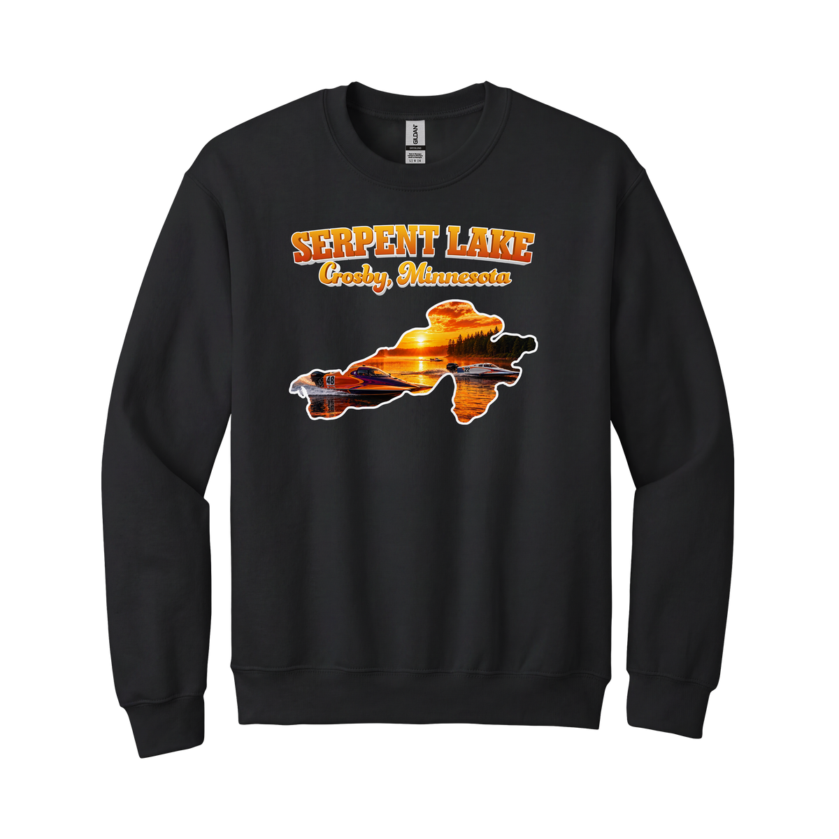 Serpent Lake design on Black crewneck sweatshirt