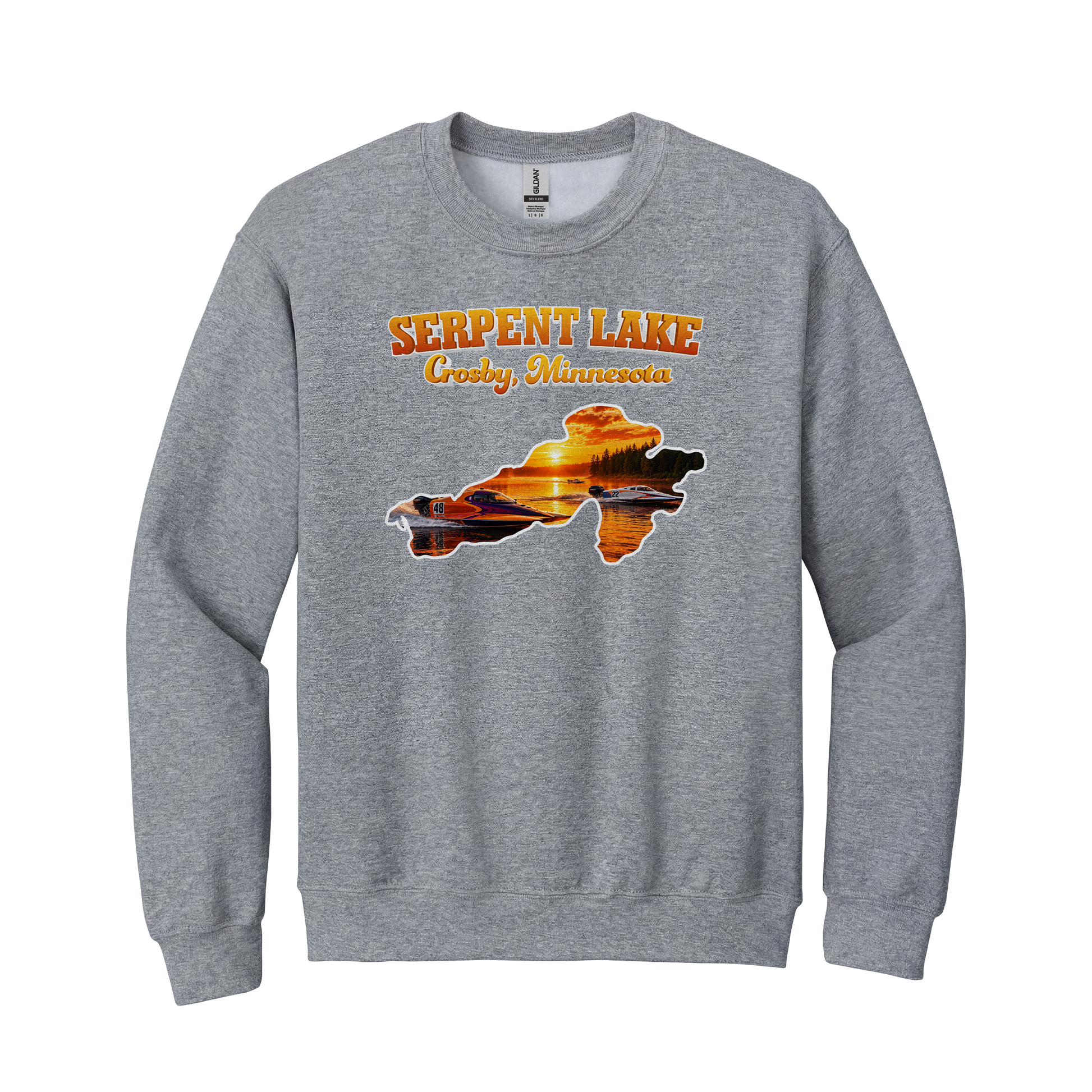 Serpent Lake design on Gray crewneck sweatshirt