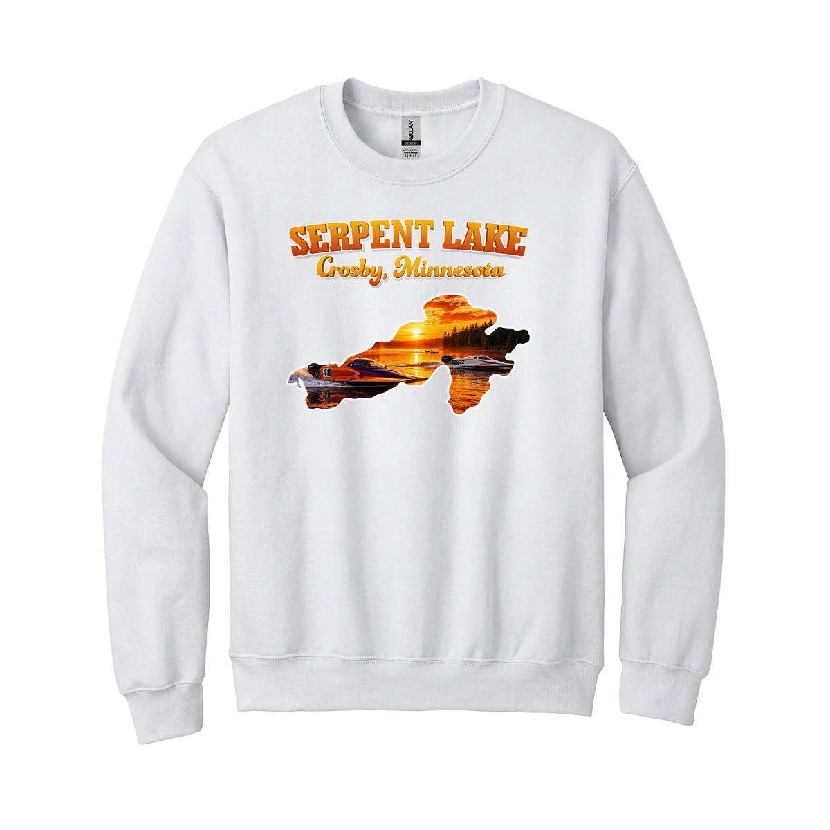 Serpent Lake design on White crewneck sweatshirt