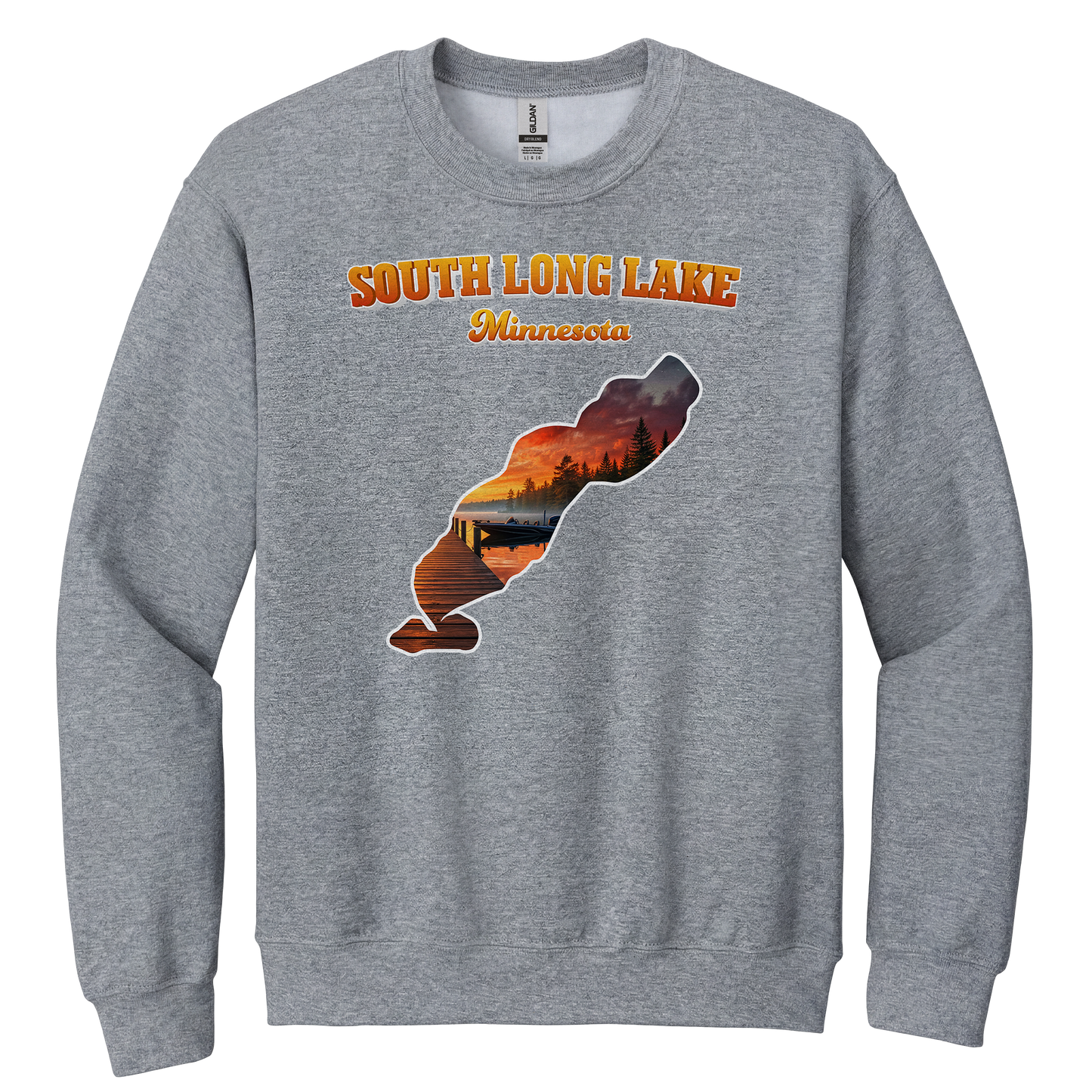 South Long Lake design on Heather Grey crewneck sweatshirt