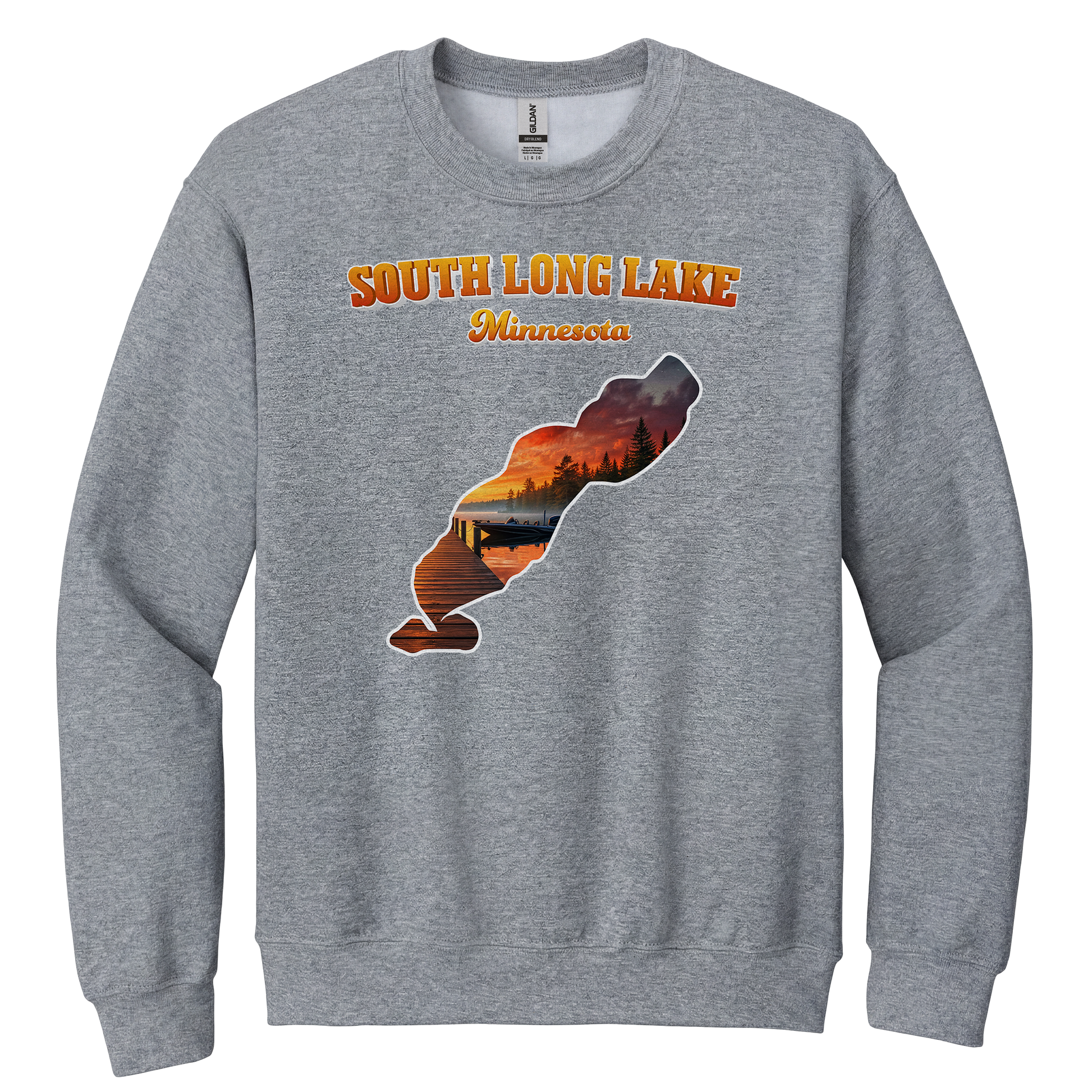 South Long Lake design on Heather Grey crewneck sweatshirt