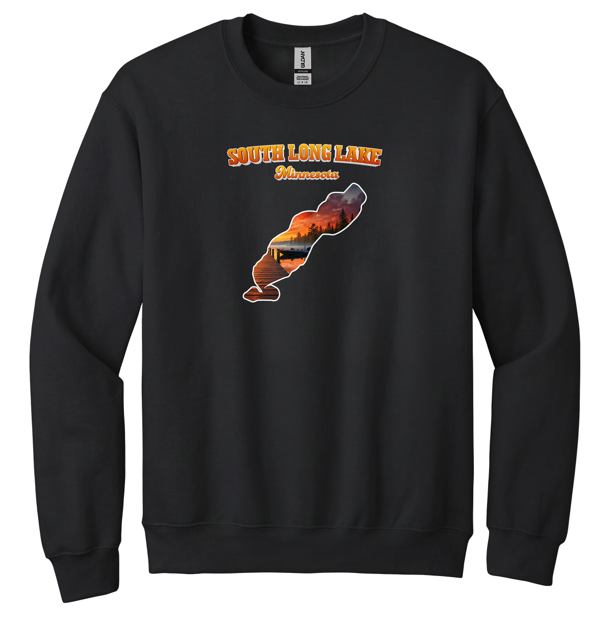 South Long Lake design on Black crewneck sweatshirt