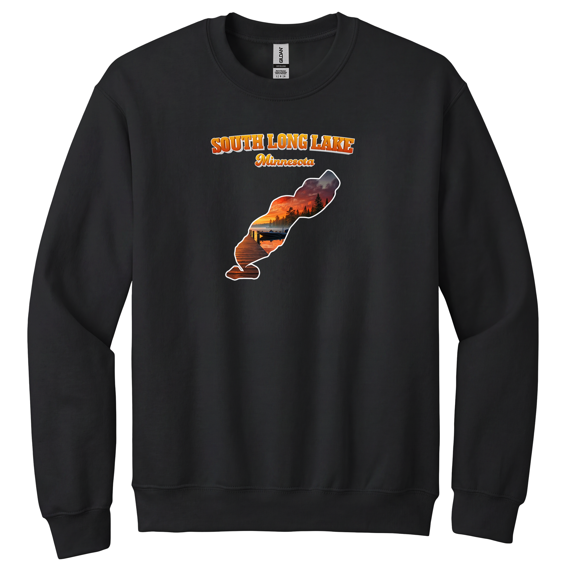 South Long Lake design on Black crewneck sweatshirt