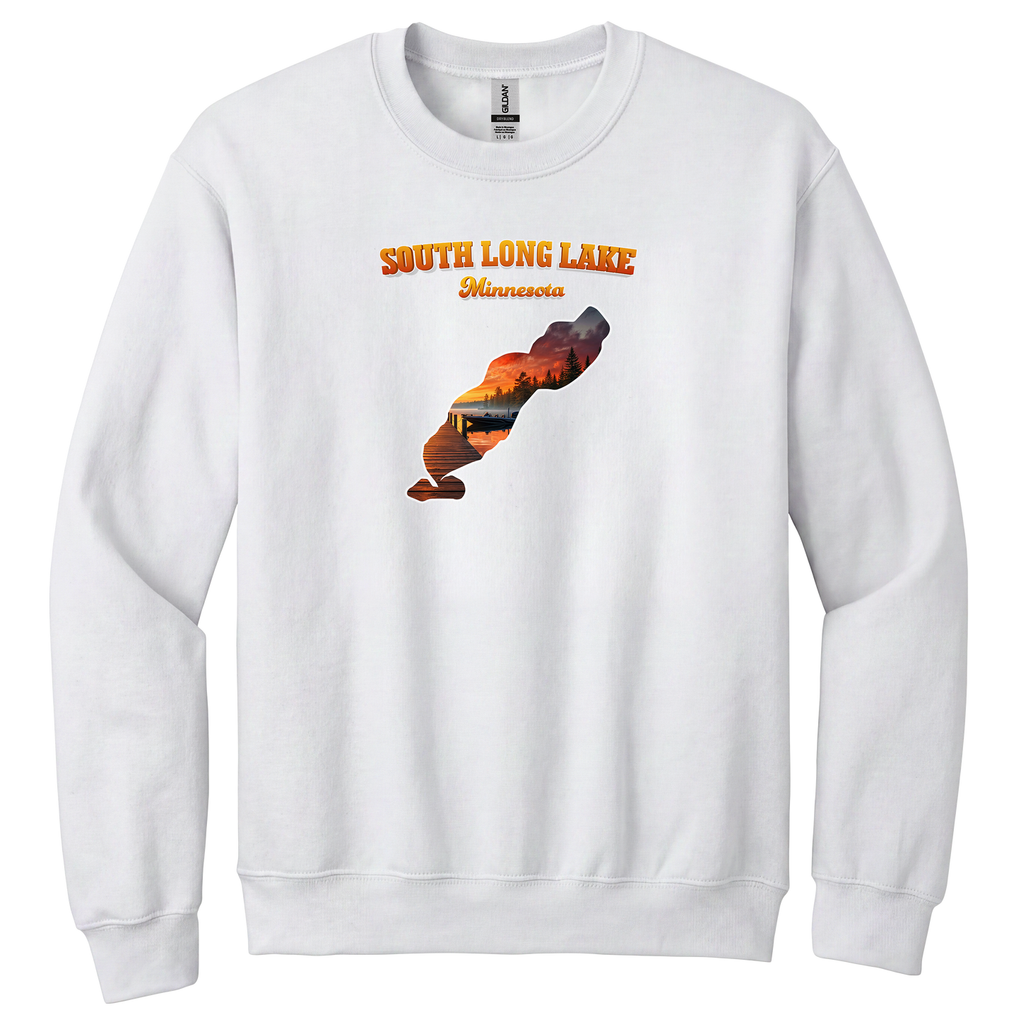 South Long Lake design on White crewneck sweatshirt