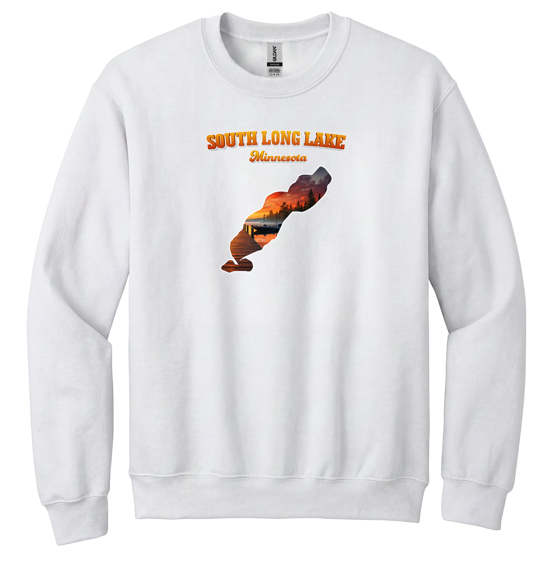 South Long Lake design on White crewneck sweatshirt