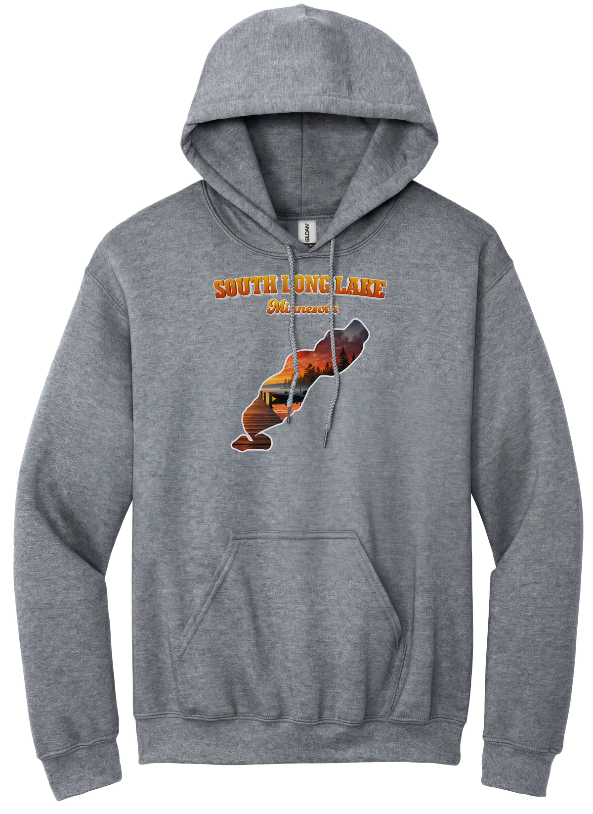 South Long Lake design on Heather Grey hoodie