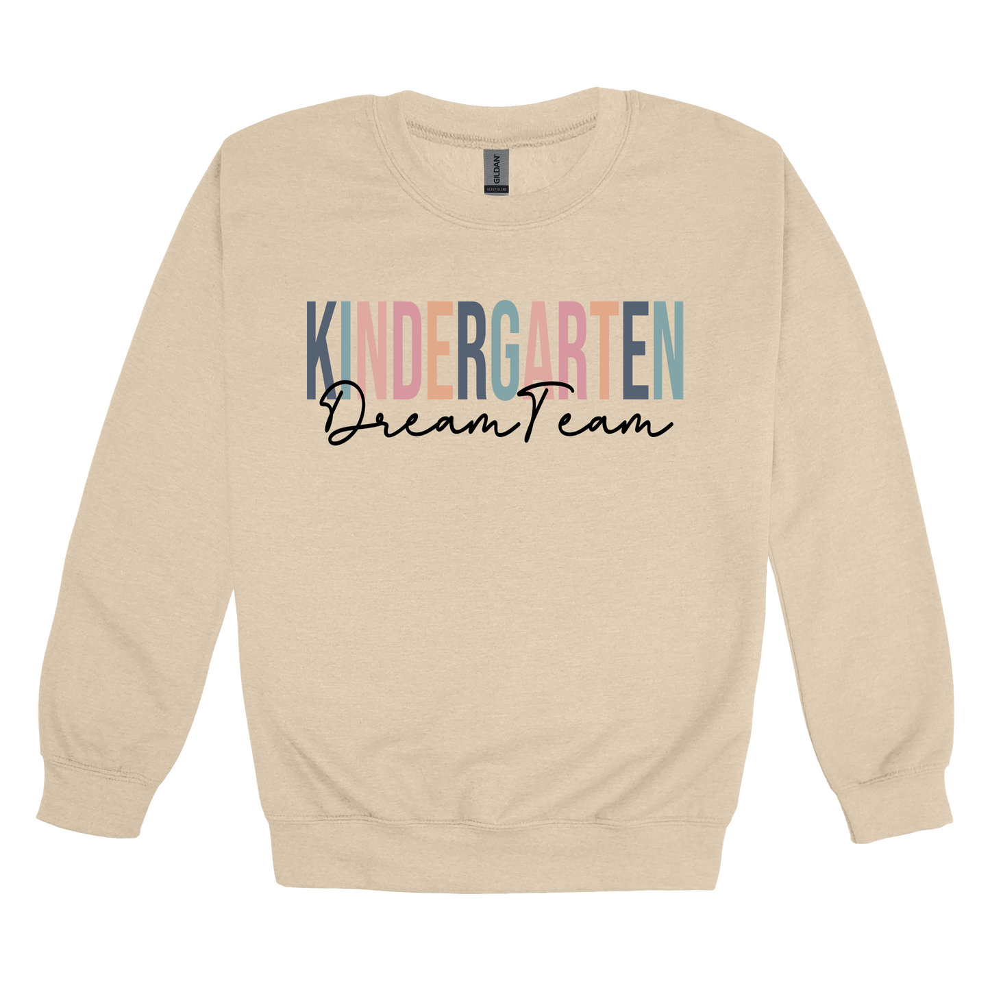 Kindergarten Dream Team design shown on Sand adult Gildan crewneck sweatshirt.