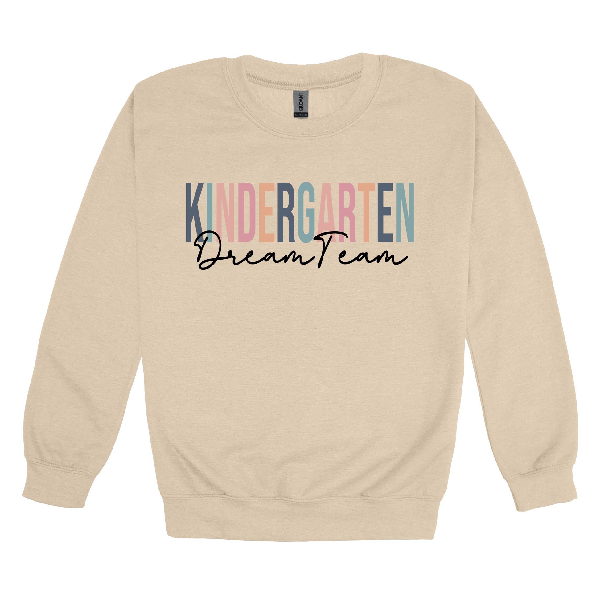 Kindergarten Dream Team design shown on Sand adult Gildan crewneck sweatshirt.